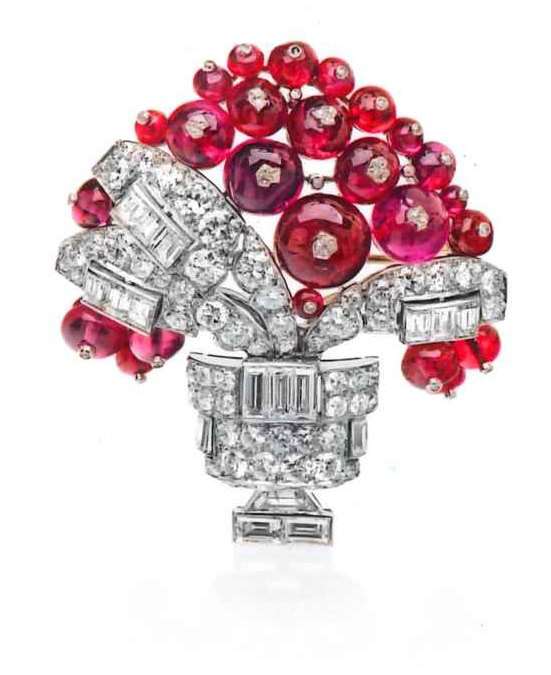 Cabochon ruby, diamond and baguette diamond vase of flowers brooch